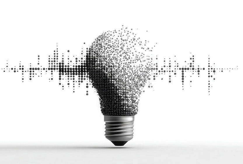 Stylized digital lightbulb transforming into data waves